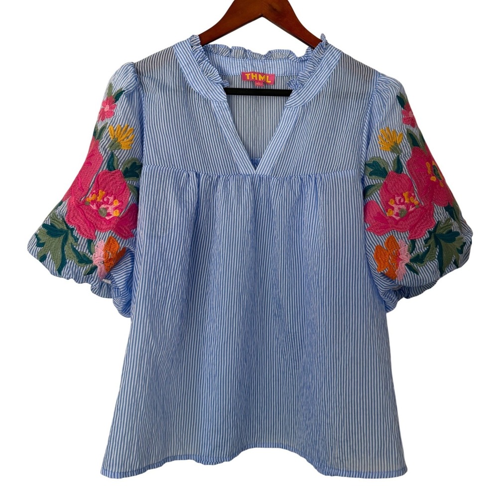 THML Blue White Striped Floral Embroidered Puff Sleeve Blouse WCT2340-BL L